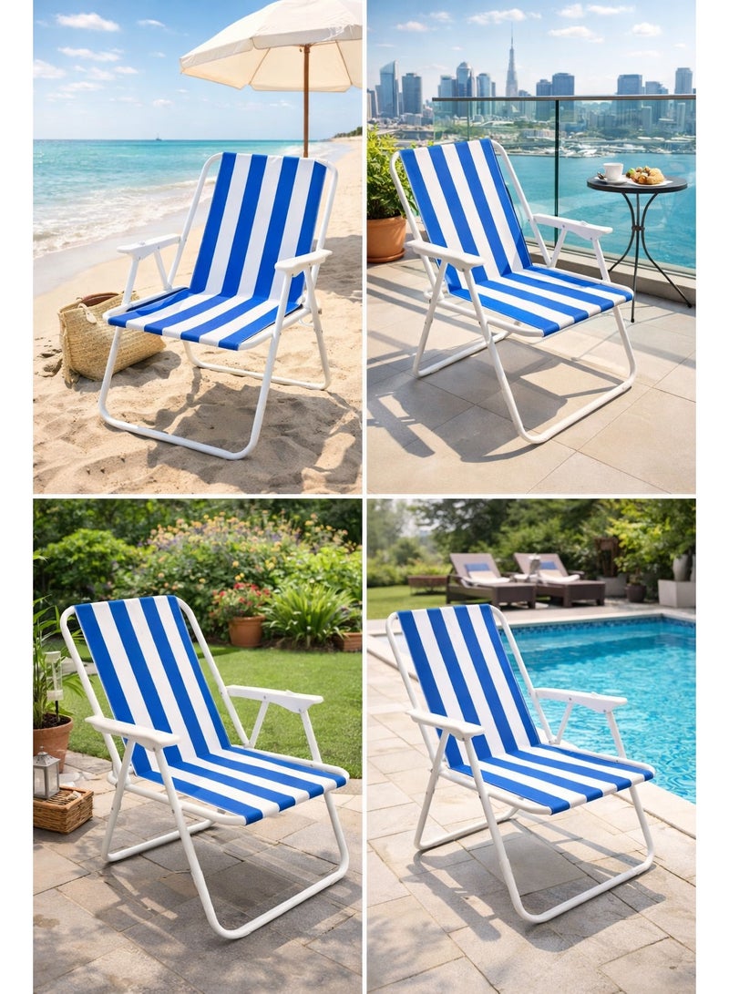 Foldable Beach Chair with Armrests – Blue & White Striped Outdoor Chair, Lightweight & Portable (68 cm) - Image 3